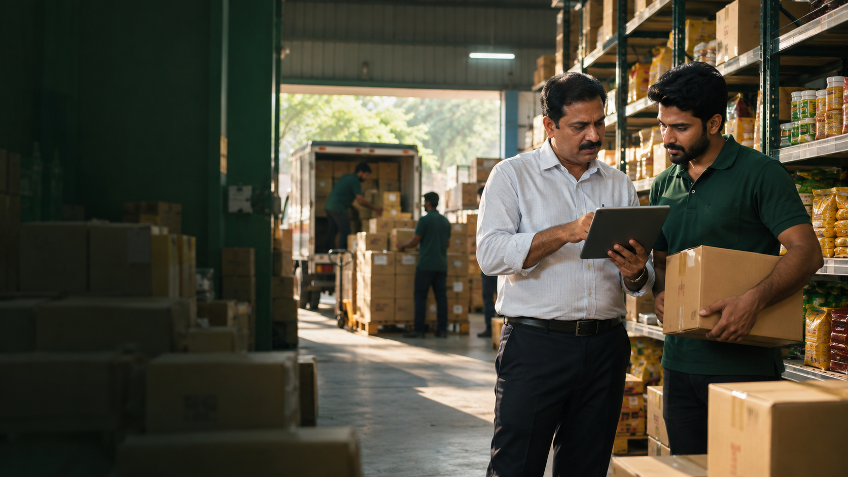 Indian wholesaler and staff coordinating an order in their warehouse
